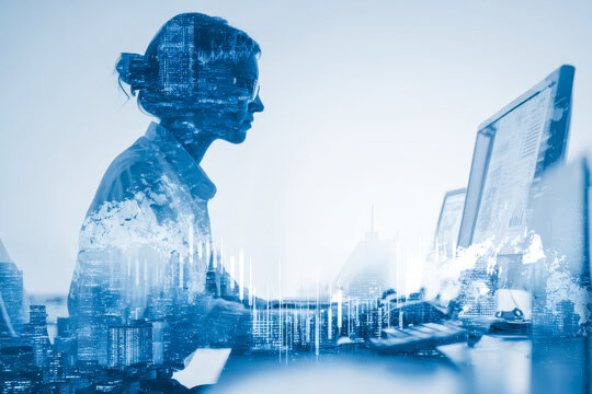 Woman working on a computer with a digital cityscape overlay and data visualization effects