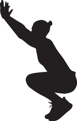 Athletic silhouette of a woman in a deep squat pose with arms raised in dynamic fitness movement