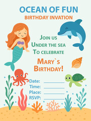 Ocean themed kids birthday invitation with mermaid dolphin turtle and octopus. under the sea party card template. cute cartoon sea animals illustration