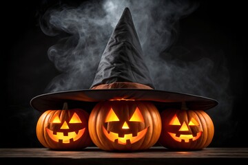 Three glowing jack-o'-lanterns under a large witch hat with smoke halloween jack-o-lantern