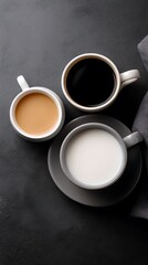 Three Coffee Cups Black Coffee, Coffee with Milk, and Pure Milk on Dark Surface