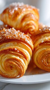 Close-up of freshly baked cornetti sfogliati with flaky golden-brown layers, glossy caramelized sugar crystals, buttery puff pastry texture, hyper-realistic detail, soft natural light, warm and inviti