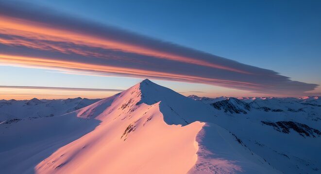 A snowy mountain peak at sunrise. Nature and exploration. A majestic and inspiring view of the Alps.