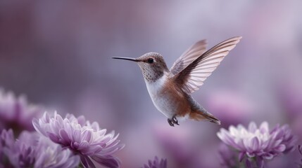 Fototapeta premium Hummingbird Sipping Nectar in Slow Motion Among Beautiful Purple Flowers