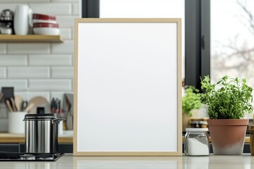 Quadro em branco com moldura de madeira em diferentes ambientes de escritório e home office modernos, decorados com plantas, luminárias e objetos de design, IA generativa