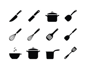 Bundle of 12 silhouette kitchen utensils and cooking pots icons for food preparation and culinary design silhouette vector illustration white background