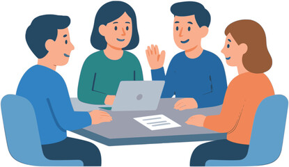 Collaborative Minds: Four diverse individuals, gather around a table, engrossed in a dynamic discussion, their faces lit with enthusiasm and a shared purpose.