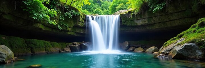 Serene waterfall cascading over moss-covered rocks, creating a misty spray and tranquil pool below Perfect for nature, travel, and relaxation themes , quiet, mist