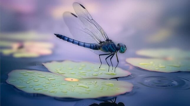 Blue dasher dragonfly resting on dewy lily pad in soft dreamy light over calm water surface