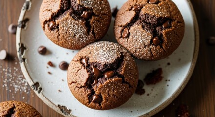 Fototapeta premium Delicious chocolate muffins with chocolate chips and powdered sugar on a plate