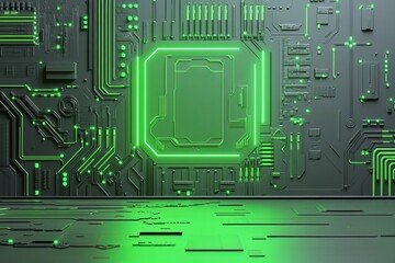 The 3D illustration showcases a realistic model of a robot wearing green cyber armor, with a close-up view of the equipment used for crypto mining, including video cards and motherboards for bitcoin