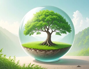 A verdant tree nestled within a glass sphere, symbolizing nature's preservation