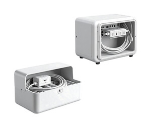Two white plastic cable management boxes with power adapters and cords neatly coiled inside isolated on transparent background