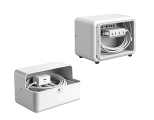 Two white plastic cable management boxes with power adapters and cords neatly coiled inside isolated on transparent background