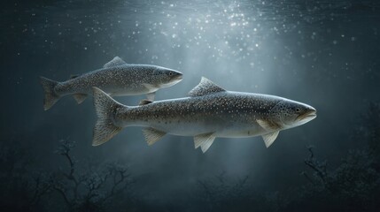 Fototapeta premium Salmon Trutta Swimming Upstream in a Mystical Underwater Environment Regeneration Scene