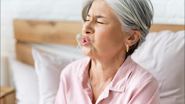 Senior woman menopause suffering from headache, touching temples, lying in bed at home, feeling migraine attack, having unhealthy video 4k