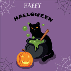 halloween card with cat, pumpkin and Magic Witch Cauldron with Potion
