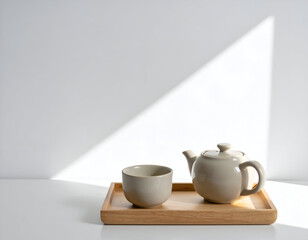 Neutral Ceramic Teapot and Cup on Light Wood Tray