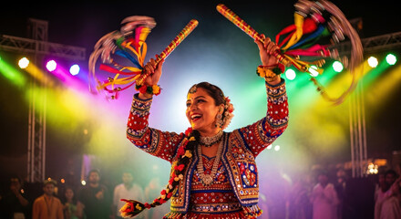 Captivating Navaratri celebration with joyful dancer performing traditional Garba dance in colorful attire. Navaratri brings communities together to celebrate heritage, music,