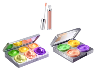 Two open makeup palettes with colorful eyeshadows and a lip gloss tube isolated on transparent background