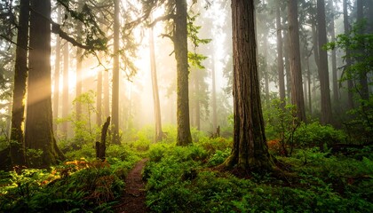 Fototapeta premium Sunlight filtering through the trees in the forest.
