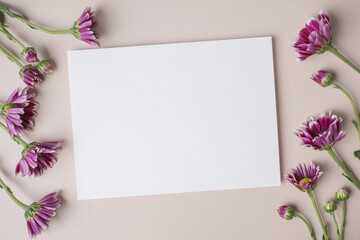 White blank greeting or invitation card with purple flower decoration on beige background.