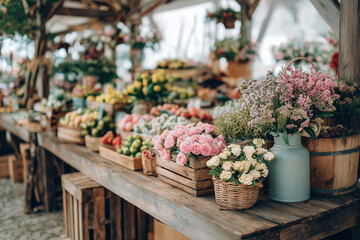 Farmers market stall with fresh vegetables and flowers, vintage cottagecore style, pastel tones