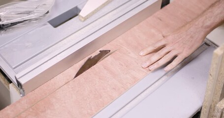 Expert woodworker demonstrates precise cutting technique using a table saw to create smooth edges for woodworking projects at a workshop