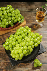 Fresh Green Grapes on Wooden Table with Wine Glass - Healthy Fruit Food Photography