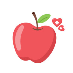 Red apple with green leaf, accompanied by two red hearts featuring white medical crosses. Represents nutrition, wellness, and care ideal for visuals on healthy eating, lifestyle, or healthcare