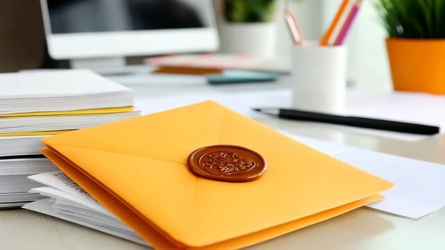 Elegant yellow envelope sealed with wax placed on an organized workspace with stationery and documents