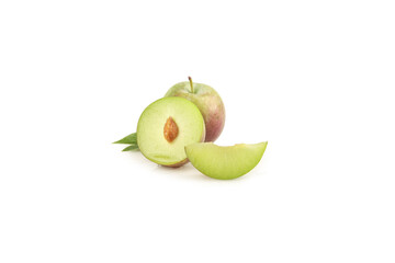 Fresh Green Plums Cut in Half Showing Pit Isolated on White Background