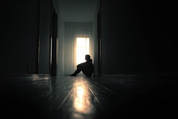 Silhouette of a person sitting alone in a dimly lit hallway.  Sunlight streams in through a window