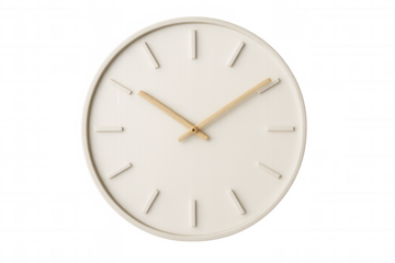 Minimalist white wall clock with wooden hands indicating time against a transparent background
