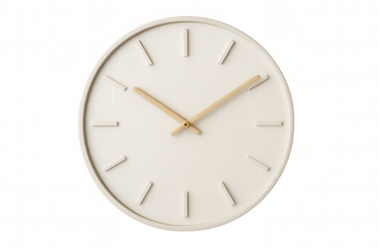 Minimalist white wall clock with wooden hands indicating time against a transparent background
