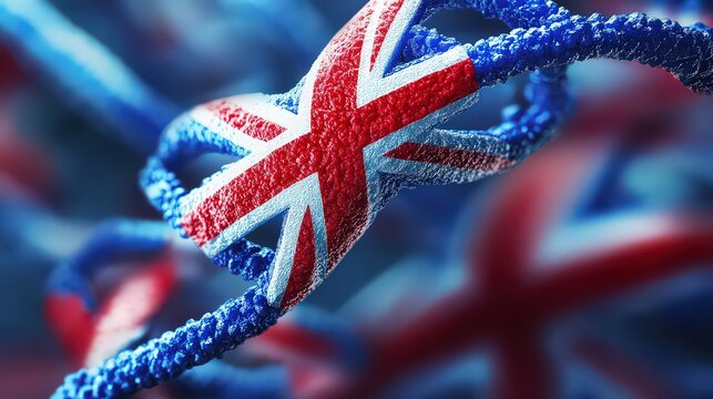 3d rendering of dna strands with the union jack pattern, symbolizing genetic research and healthcare in the uk