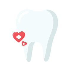 Glossy white tooth with two red hearts featuring medical crosses, symbolizing dental care and oral health. Ideal for visuals related to dentistry, hygiene, wellness, or healthcare branding.