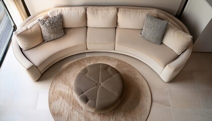 top down view of a beige sofa with rounded arms two back cushions and side pillows situated on a round rug with a circular marble topped coffee table in the center