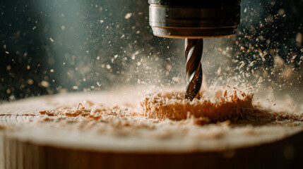 Close-up of a drill bit cutting into wood with wood shavings flying in the air