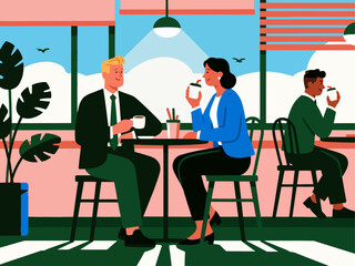 Business figures, sitting in a coffee shop, drinking coffee, communicating and collaborating, flat design, vector illustrations