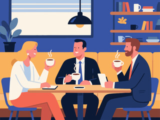 Business figures, sitting in a coffee shop, drinking coffee, communicating and collaborating, flat design, vector illustrations