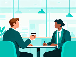 Business figures, sitting in a coffee shop, drinking coffee, communicating and collaborating, flat design, vector illustrations