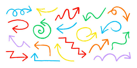 Chalk or charcoal rustic dirty grunge doodle line arrow vector illustration set. Hand drawn bold charcoal or crayon curve rough doodle arrow design element collection.