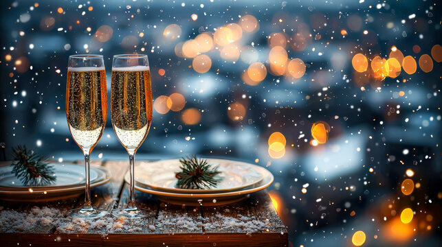 Festive celebration with sparkling beverages and holiday decor on a winter evening