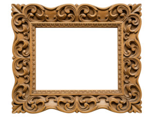 Blank Malay traditional style wooden carving frame with curved design border, PNG isolated