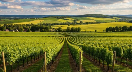 Naklejka premium Expansive vineyard rows under a dramatic cloudy sky in summer