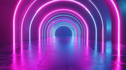 Vibrant neon lights shining in the colorful illuminated tunnel create a beautiful scene