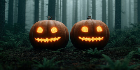 Obraz premium Two glowing jack-o'-lanterns with mischievous faces sit in a misty forest, creating a spooky Halloween atmosphere.