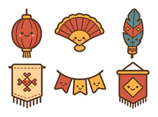 Obraz premium Festival decorations flat icon set. featuring lantern, fan, feather, banner, and flags.