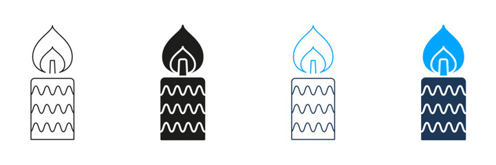 Candle With Flame Line And Solid Icon Set. Celebration, Relaxation, And Spiritual Ambiance Symbol Collection. Decorative And Aromatic Candle Design. Isolated Vector Illustration